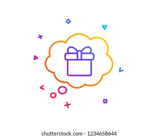 Dreaming of Gift line icon. Present box in Comic speech bubble sign. Birthday Shopping symbol. Package in Gift Wrap. Gradient line button. Gift dream icon design. Colorful geometric shapes. Vector