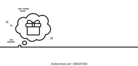 Dreaming of Gift line icon. Present box in Comic speech bubble sign. Birthday Shopping symbol. Package in Gift Wrap. Minimal line illustration background. Gift dream line icon pattern banner. Vector