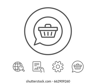 Dreaming of Gift line icon. Present box sign. Birthday Shopping symbol. Package in Gift Wrap. Hold Report, Service and Global search line signs. Shopping cart icon. Editable stroke. Vector
