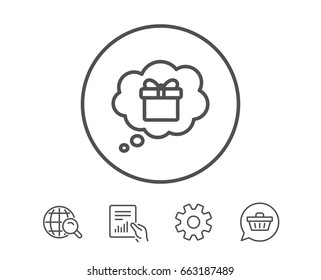 Dreaming of Gift line icon. Present box in Comic speech bubble sign. Birthday Shopping symbol. Package in Gift Wrap. Hold Report, Service and Global search line signs. Shopping cart icon. Vector