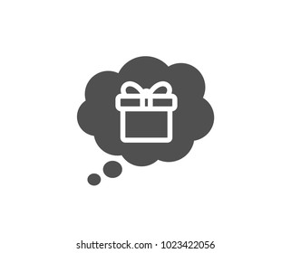 Dreaming of Gift simple icon. Present box in Comic speech bubble sign. Birthday Shopping symbol. Package in Gift Wrap. Quality design elements. Classic style. Vector