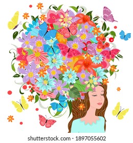 dreaming girl with closed eyes. fancy floral hairstyle of colorful flowers and flying butterflies 