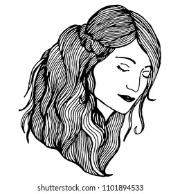 Dreaming girl with closed eyes, loose hair vector illustration
