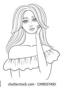 Dreaming girl Concept idea. Beautiful young woman with long wavy hair. Hand drawn sketch. Vector illustration. EPS 8.
