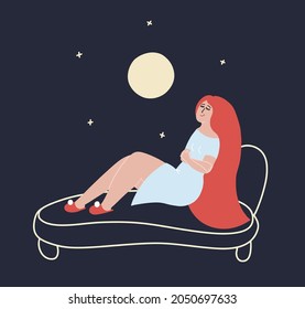 Dreaming girl with crossed hands laying on the sofa. Cute female with long hair dressing in nightie and slippers. Woman resting and relaxing. Hand drawn illustration for web, social media.  