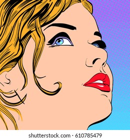 Dreaming girl.  Cute woman thinking about something. Cute pin-up girl. Woman portrait. Feelings. Concept idea of advertisement and promo. Pop art retro style illustration. Halftone background