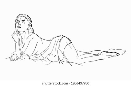 Dreaming girl. Hand drawn sketched girl in antique style. Stock vector illustration.