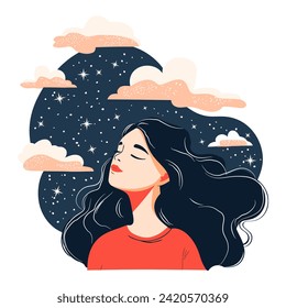 Dreaming Girl - Portraying Imaginative Serenity and Ethereal Beauty. Flat Vector Illustration 