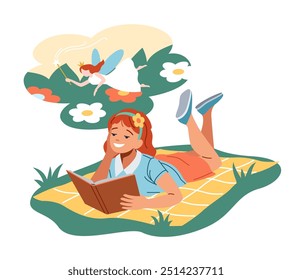 Dreaming girl reading book about fairies flat color vector illustration. Pretty junior schoolgirl spellbound by magic stories concept icon on white