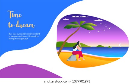 Dreaming girl sitting on the ocean shore. Time to dream concept. Modern vector illustration