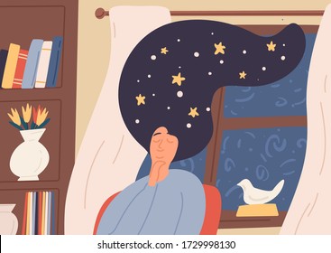 Dreaming girl with starry sky in long hair sitting near window vector flat illustration. Daydreaming woman with closed eyes imagining at night. Cartoon female with space instead of hairstyle