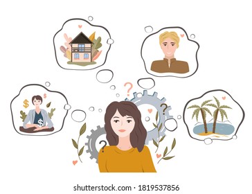 Dreaming girl thinking about her goals and making future plans about relationships, house, business career, and vacations. Woman ambitions cartoon vector illustration