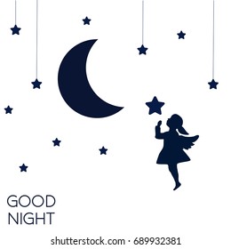 Dreaming girl.Angel fly.Concept idea. Good night. Vector illustration.EPS 8