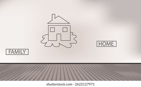 Dreaming of a home, sketch art on the room wall, vector illustration design background 
