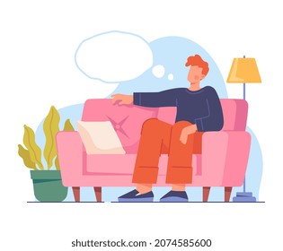 El concepto humano soñador. Joven sentado en casa con un sofá suave y pensando en sus deseos y su meta. Pensar en el carácter relaja y descansa en el apartamento. Ilustración vectorial plana contemporánea de dibujos animados