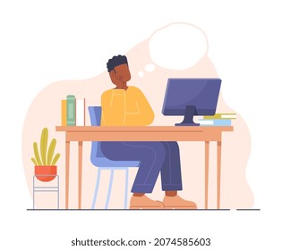El concepto humano soñador. Joven sentado en su escritorio, trabajando en una computadora y pensando en sus planes y objetivos. Los empleados descansan y se distraen del trabajo. Ilustración vectorial plana moderna de dibujos animados