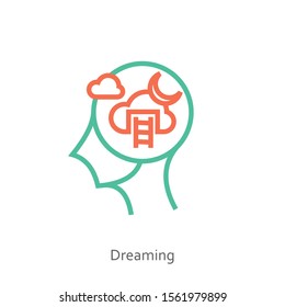 Dreaming icon concept icon with moon, clouds and stairs in the drawing of human brain isolated on white background, vector and illustration.