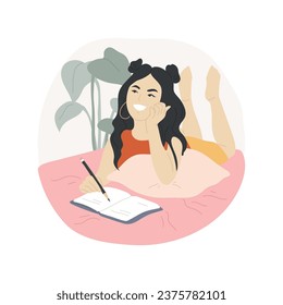 Dreaming isolated cartoon vector illustration. Girl lying in bed and taking note in notebook, teenager having dreamy mood, teens psychology, adolescent relaxing at home vector cartoon.