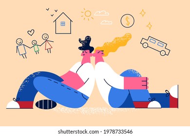 Dreaming of living better life concept. Young happy smiling family couple cartoon characters sitting on floor back to back dreaming of new house, car, child, financial well-being together 