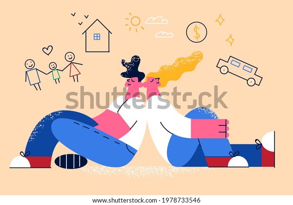 Dreaming of living better life concept. Young happy\
smiling family couple cartoon characters sitting on floor back to\
back dreaming of new house, car, child, financial well-being\
together 