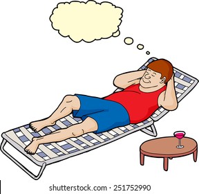 Dreaming man asleep on deck chair with table