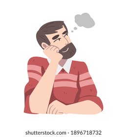 Un hombre soñador con barba imaginando algo en su cabeza Ilustración vectorial