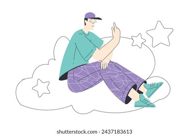 Dreaming Man Character Sitting on Cloud Having Fancy Imagination Vector Illustration