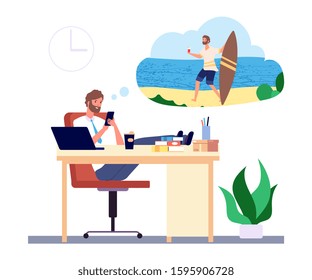 Dreaming man. Office manager dreams about beach vacation and surfing vector concept