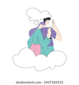 Dreaming Man and Woman Couple with Head in Cloud Having Fancy Imagination Vector Illustration