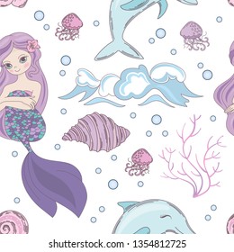 DREAMING MERMAID Ocean Seamless Pattern Vector Illustration