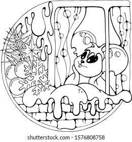 Dreaming Mouse near the winter window, Christmas party celebration funny vector doodle stock illustration, black and white print for poster, greeting / invitation card, coloring book, t-shirt, fabric