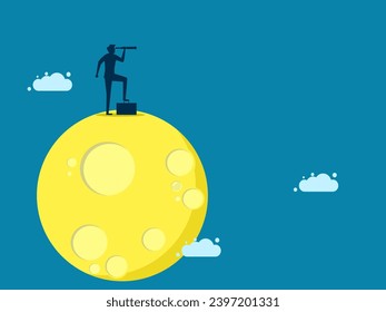 Dreaming of new businesses. Businessman on the moon looking into binoculars 