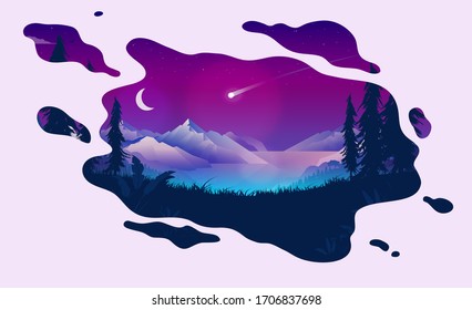 Dreaming night landscape - Nature scene in a dreamlike fluid shape. Shooting star and moon in the sky, ocean, forest and mountains in front. Good night sleep and nighttime concept. Vector illustration