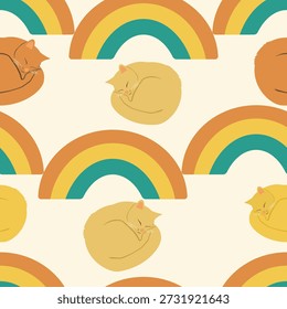 Soñando en el patrón inconsútil del arco iris con los gatos que duermen en los arcos coloridos. Diseño plano de Vector de fondo abstracto retro de los años 70.