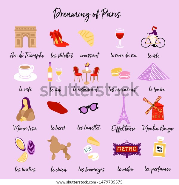 Dreaming Paris Symbols Set French Language Stock Vector Royalty Free