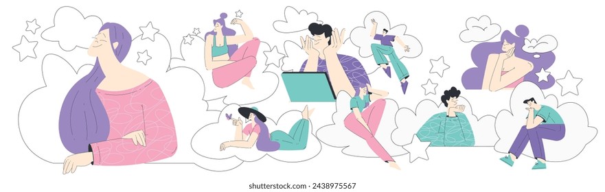 Dreaming People Characters with Their Head in Clouds Having Fancy Imagination Vector Illustration