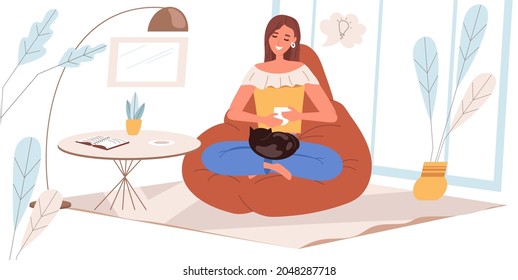 Dreaming people concept in flat design. Happy woman are sitting, dreaming, drinking coffee at home. Young girl sits at cozy room, imagines and comes up with ideas, people scene. Vector illustration