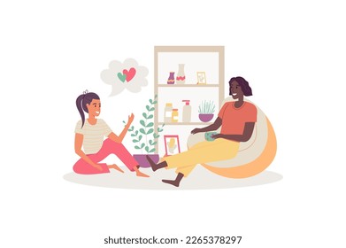 Dreaming people concept with people scene in the flat cartoon style. Two girls sit in a cozy atmosphere and talk about their dreams. Vector illustration.