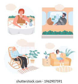 Dreaming people concept scenes set. Man thinks in transport. Woman dreams at dining, sitting at rocking chair or sofa. Collection of human activities. Vector illustration of characters in flat design