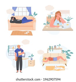 Dreaming people concept scenes set. Man relaxes on couch, thinks in room. Woman dreams at work, listens to music. Collection of human activities. Vector illustration of characters in flat design