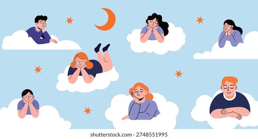 Dreaming people floating on clouds imagination hope and daydream concept flat vector illustration