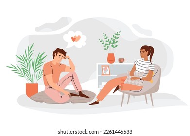 Dreaming people orange concept with people scene in the flat cartoon style. Young couple remember the best moments and dream about something good. Vector illustration.