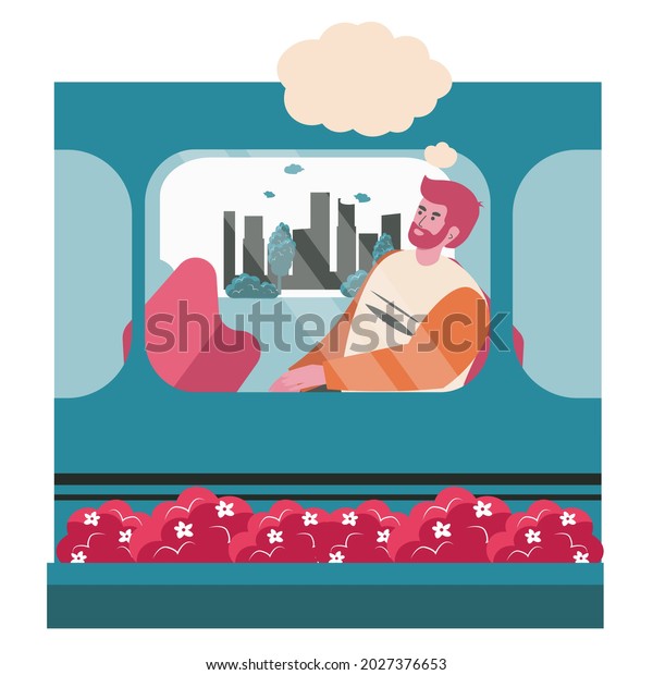 Dreaming people scene concept. Man sits in train\
car and thinks with empty bubble over head. Imagination,\
relaxation, daydreaming people activities. Vector illustration of\
characters in flat\
design