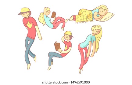Dreaming People Set, Boy and Girl sits Reading books Vector Illustration