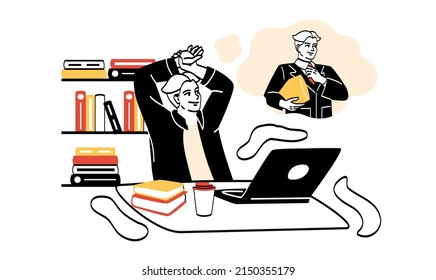 Dreaming People Set. Man Sits Back In Chair In Front Of Laptop. Character Imagines Himself Rich In Suit. University Law Student, Education, Young Professional. Cartoon Flat Vector Illustration