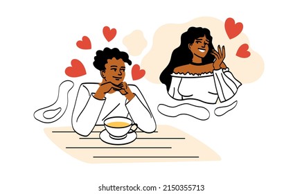 La gente soñadora se pone. Un chico joven sentado en un café con una taza de café y representa a su novia. Romance y apoyo, fantasía. El personaje extraña a su ser querido. Dibujo vectorial plano de dibujos animados