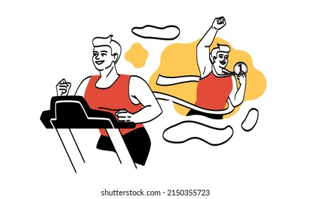 Träumende Menschen setzen sich durch. Junge Junge auf Laufband-Fantasie feiern Goldmedaille. Sportsman bereitet sich auf den Wettkampf vor, Sprinter oder Marathonläufer, Training. Cartoon-Flavektor-Vektorgrafik