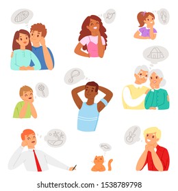 Dreaming people vector dreamer man pensive woman character thinking about dreams illustration set of think imagination on daydream isolated on white background.