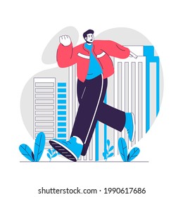 Concepto web de personas soñadoras. El hombre escapó de la realidad a sus ideas creativas. Imaginación de la escena de la gente. Diseño de caracteres planos para sitio web. Ilustración vectorial para materiales promocionales de medios sociales