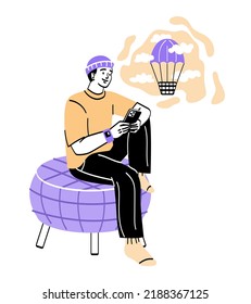 Dreaming person concept. Pensive guy teenager sits on armchair and thinks about flying in hot air balloon. Happy character with smartphone and wish in thought bubble. Cartoon flat vector illustration